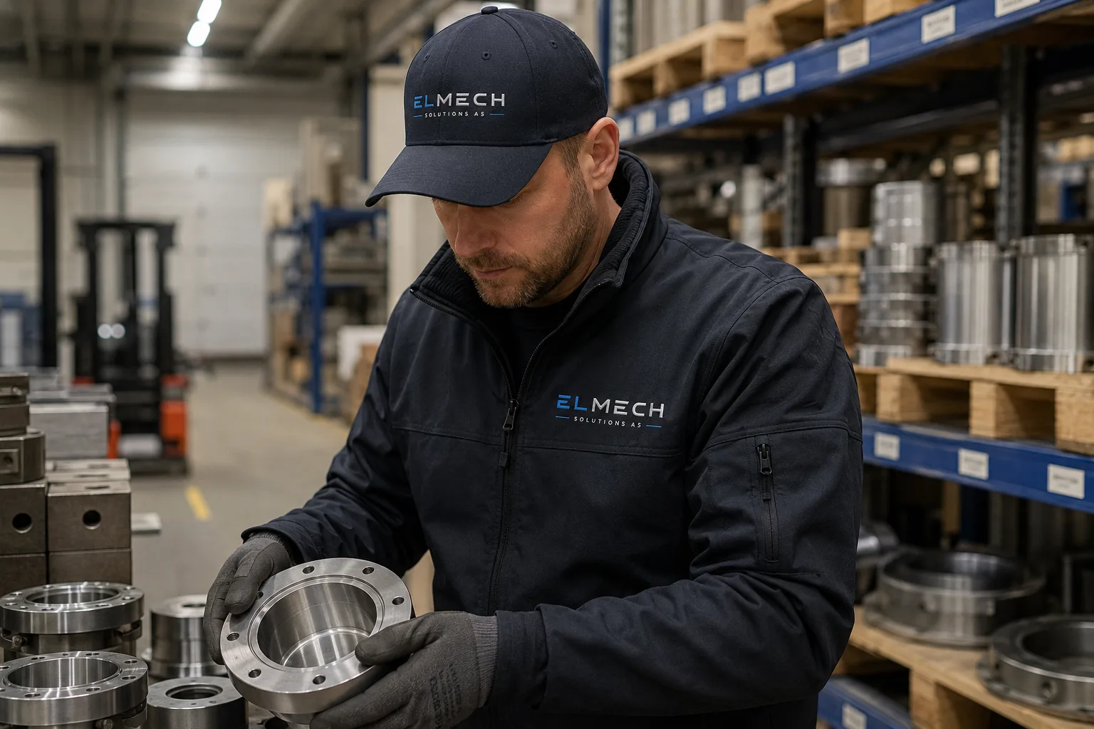 Tilsett med ELMECH-cap og navyfarga softshell-jakke, held ein metallflens i lageret